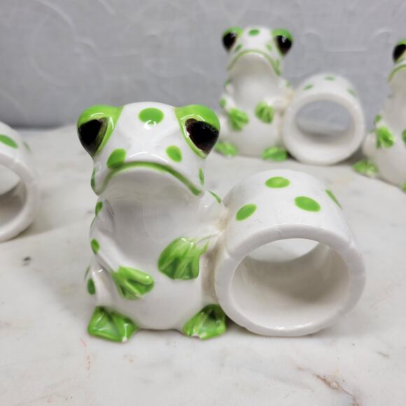 VTG Schmid Bros Frog Napkin Rings Ceramic Green White Hand Painted Japan 4 - Picture 9 of 16